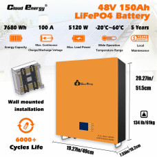 Cloudenergy 48V 150Ah LiFePO4 Battery Wall Mounted Lithium Deep Cycle Battery Pack 7680Wh 5120W Energy 6000+ Life Cycles Built-in 100A BMS, for RV, Solar, Marine, Overland, Off-Grid CL48-150B