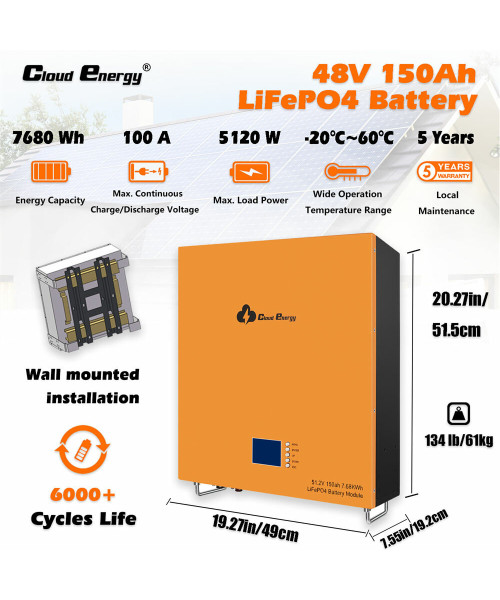Cloudenergy 48V 150Ah LiFePO4 Battery Wall Mounted Lithium Deep Cycle Battery Pack 7680Wh 5120W Energy 6000+ Life Cycles Built-in 100A BMS, for RV, Solar, Marine, Overland, Off-Grid CL48-150B
