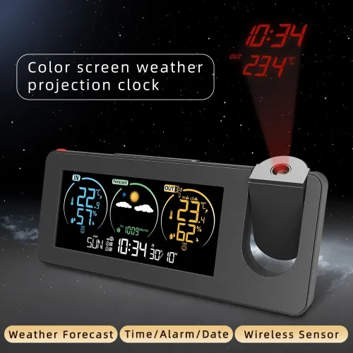 Electronic Projection Clock Weather Station Temperature and Humidity Meter Color Screen Weather Forecast LCD Digital Alarm Clock Weather Forecasting Station