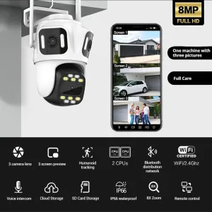 8MP 3 Lens Full HD WIFI IP Camera 8x Zoom 3 Screens Preview IP66 Waterproof Night Vision Two-Way Audio WiFi bluetooth SD Card Cloud Storage