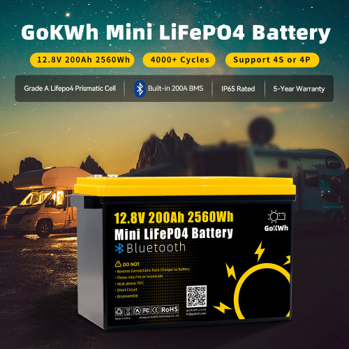 Gokwh 12V 200Ah Mini Bluetooth LiFePO4 Battery Built-in Bluetooth BMS 2560Wh LiFePO4(LFP)  IP65 Protection
