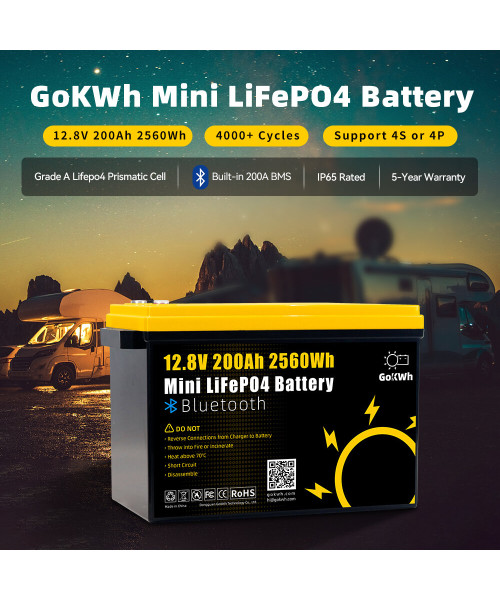 Gokwh 12V 200Ah Mini Bluetooth LiFePO4 Battery Built-in Bluetooth BMS 2560Wh LiFePO4(LFP)  IP65 Protection