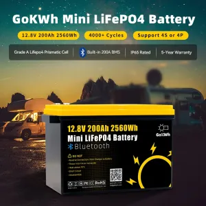 Gokwh 12V 200Ah Mini Bluetooth LiFePO4 Battery Built-in Bluetooth BMS 2560Wh LiFePO4(LFP)  IP65 Protection