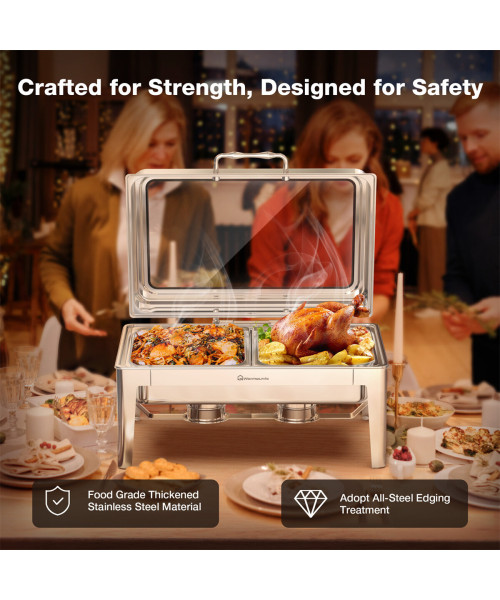 Warmounts 9.5QT Rectangular Chafing Dish Buffet Set with Hydraulic PivotLid, Stainless Steel Catering Server Food Warmer with 2-Tray Noiseless for Party, Wedding, Restaurant