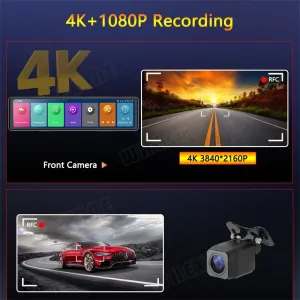 11.26 Inch 4K Carplay Android Auto Mirror Dash Cam Dual Lens Bluetooth WiFi GPS DVR Driving Recorder