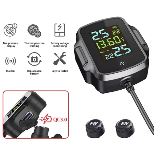Motorcycle TPMS Tire Pressure Monitoring System QC3.0 Fast Charging USB Output Real Time Temperature Alarm IP67 Waterproof Anti Theft External Sensors Long Battery Life