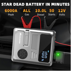 MUDIRO 6000A Car Jump Starter with Air Compressor 150PSI PD30W Fast Charge 2 LED Lights Smart Display for Cars Motorcycles 10L Diesel Engines