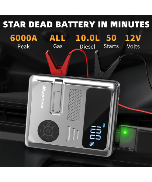 MUDIRO 6000A Car Jump Starter with Air Compressor 150PSI PD30W Fast Charge 2 LED Lights Smart Display for Cars Motorcycles 10L Diesel Engines