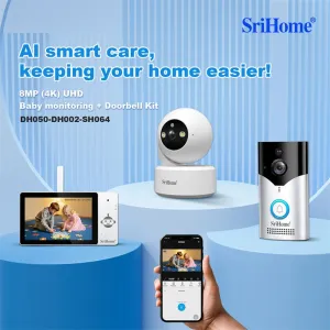 SriHome DH050-DH002-SH064 8MP 4K UHD Baby Monitor Kit with 5-inch Touch Screen WiFi Crying Detection Human Tracking Alarm 2-Way Audio 5200mAh Home Doorbell Baby Camera Doorbell Kit