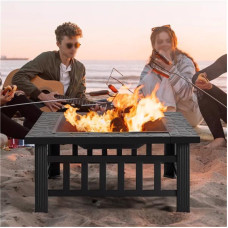 Fire Pit 32'' Wood Burning Firepit Metal Square Outdoor Fire Tables SteelFire Pit Bowl with Spark Screen Cover, Poker Log Grate for Patio Camping Backyard Garden Picnic, 8866