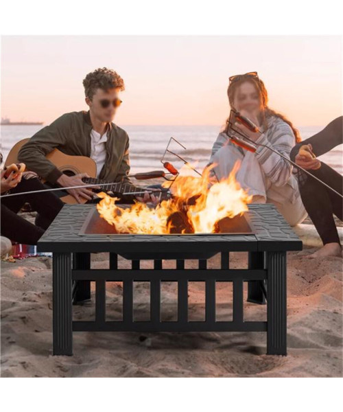 Fire Pit 32'' Wood Burning Firepit Metal Square Outdoor Fire Tables SteelFire Pit Bowl with Spark Screen Cover, Poker Log Grate for Patio Camping Backyard Garden Picnic, 8866