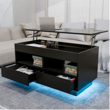 Versatile Lift Top Coffee Table with LED Lights High Gloss Surface Storage Compartment Drawers Adjustable Height P2 Grade Particle Board Strong 220 lbs Capacity Ideal for Living Room Office Bedroom