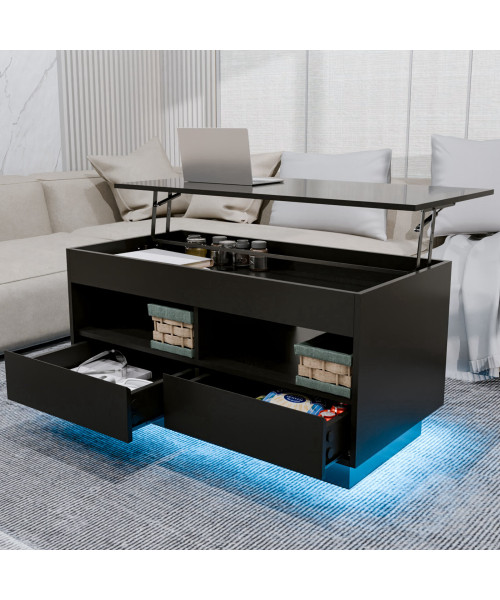 Versatile Lift Top Coffee Table with LED Lights High Gloss Surface Storage Compartment Drawers Adjustable Height P2 Grade Particle Board Strong 220 lbs Capacity Ideal for Living Room Office Bedroom