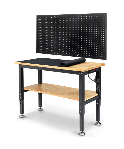 ENJOYWOOD WB0101-Plus 48 Inch Workbench with Pegboard & Rubber Pad / Adjustable Height / 2000 LBS Load Capacity / Power Outlet for Woodworking Garage Workshop Office Shop