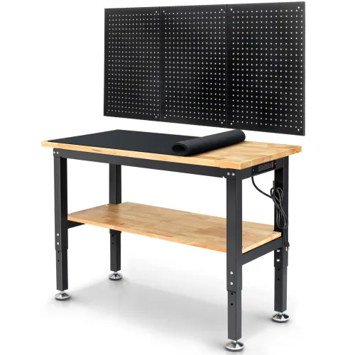 ENJOYWOOD WB0101-Plus 48 Inch Workbench with Pegboard & Rubber Pad / Adjustable Height / 2000 LBS Load Capacity / Power Outlet for Woodworking Garage Workshop Office Shop