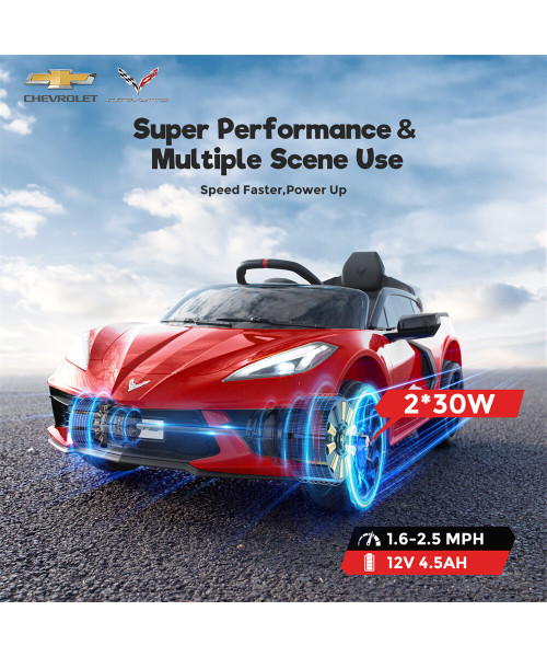 Funtok GT01A 12V 4.5AH 60W Kids Electric Ride on Car Licensed Chevrolet Corvette C8 4km/h Max Speed Safety Rechargeable Powered Electric Truck for 3-6 Years Old Kids with Wireless Remote Control Bluetooth LED Headlight Music Player