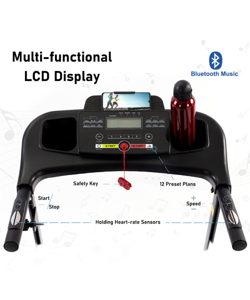 Bominfit JK1609A Folding Treadmill 2.5HP Motor 12km/h Max Speed 120kg Weight Capacity 14 inch Running Belt bluetooth Music LED Display Installation-free Fitness for Home Gym Workouts