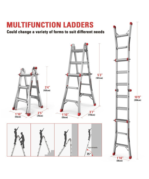 Ecomax Folding Ladder, 13 ft Aluminum Extension Ladder, 300 lbs Load Capacity, Portable Telescoping Ladder with Non-Slip Rubber, Multi-Position Step Ladders, for Working EM4X3L2, Silver
