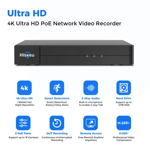 Hiseeu YNVR-P-8 8 Port 4K PoE Network Video Recorder NVR Support 4K 2K 8MP 5MP 3MP 1080P PoE Camera with Motion Alarm 24/7 Recording Smart Playback Free Remote Access Extendable to 16 Channels