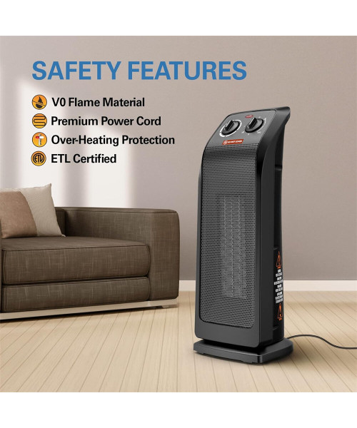 ECOWELL 18" Tower Heater for Indoor Use, 1500W Fast Heating Ceramic Electric Heater with Thermostat, 3 Modes, Tip-Over Protection, 60 Oscillating Portable Space Heater for Office Bedroom EHT180