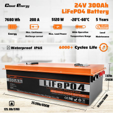 Cloudenergy 24V 300Ah LiFePO4 Battery Pack Backup Power 7680Wh 2560W Energy 6000+ Cycles Built-in 200A BMS Support in Series/Parallel, Perfect for Replacing Most of Backup Power, RV, Boats, Solar, Trolling motor, Off-Grid CL24-300