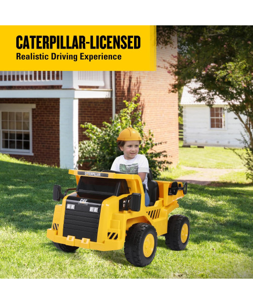 FUNTOK DT01A 12V 7AH Licensed Caterpillar Kids Ride on Truck Car 4km/h Max Speed Safety Rechargeable Powered Electric Car for 3-6 Years Old Kids with Shovel Remote Control Bluetooth MP3 Player