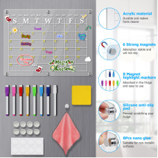16"x12" Clear Monthly Planner Board Magnetic Acrylic Calendar for Fridge Acrylic Magnetic Dry Erase Board Calendar With 8 Magnetic Markers, Towel, Eraser, Nano Sticker, Silicone Cover