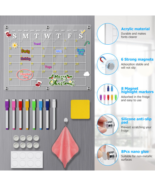 16"x12" Clear Monthly Planner Board Magnetic Acrylic Calendar for Fridge Acrylic Magnetic Dry Erase Board Calendar With 8 Magnetic Markers, Towel, Eraser, Nano Sticker, Silicone Cover