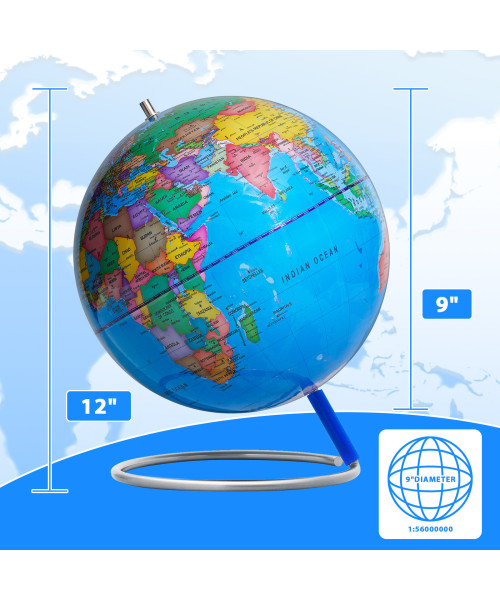 9 INCH World Globe for kids & adult, Classroom & Office Desk, Small Educational Globe with iron Stand for Kids Learning, HD colorful World Map, Magnetic Push Pins & magnifier & handkerchief, 360 Horizontal Rotation Homeschool World Globe B