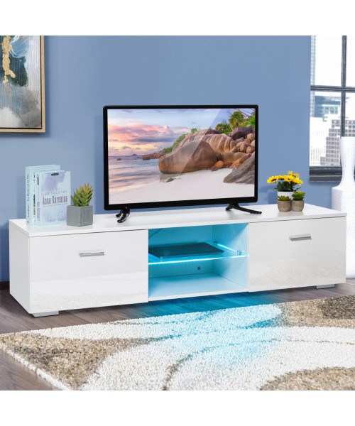 Woodyhome High Gloss TV Stand with LED Lights 2 Drawers Cabinet Unit Storage Entertainment for TVs up to 59 Inches