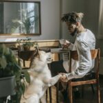 Man enjoying coffee indoors with his friendly Akita Inu dog during a sunny day.